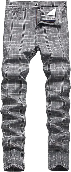 Mens Big and Tall Chino Pants Stretch Skinny Slim Fit Plaid Dress Pants Flat-Front Casual Work Business Golf Pants
