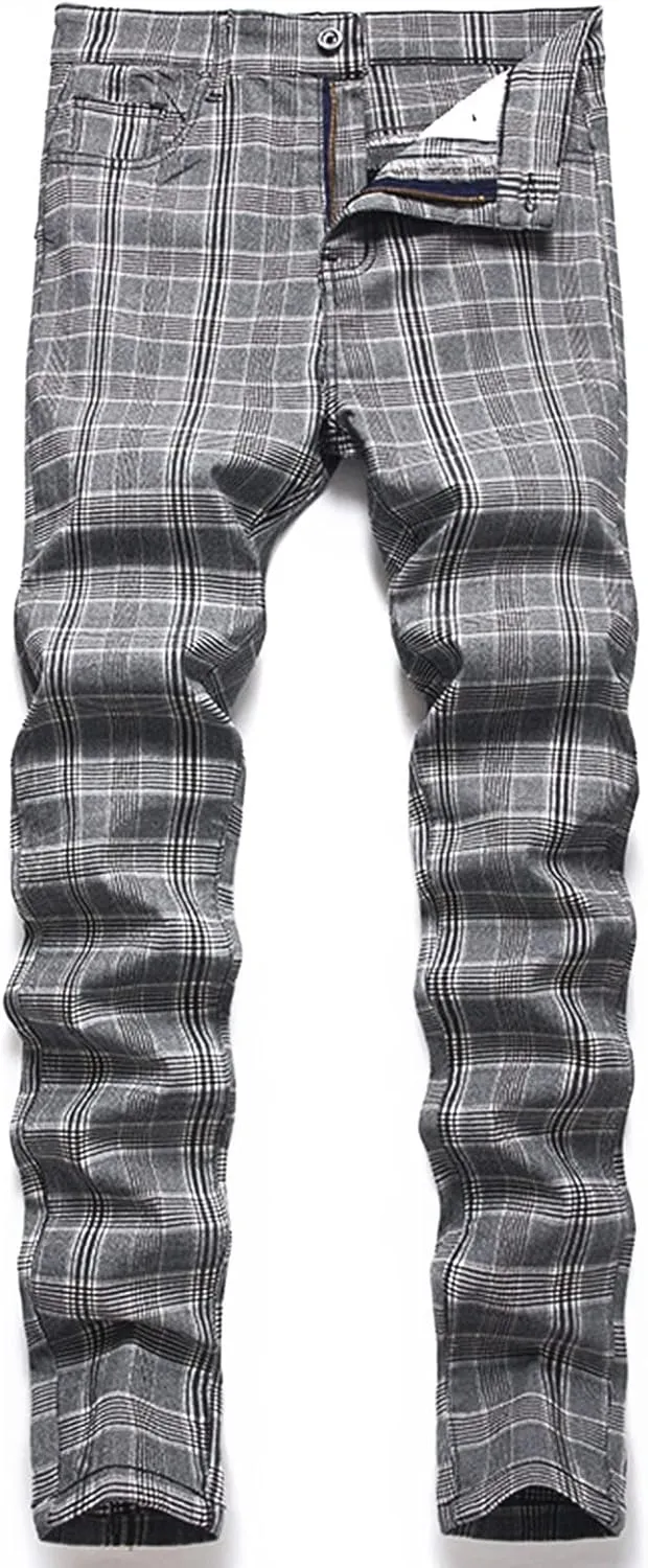 Mens Big and Tall Chino Pants Stretch Skinny Slim Fit Plaid Dress Pants Flat-Front Casual Work Business Golf Pants