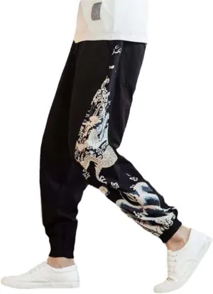 Men's Chinese Dragon Harem Pants,Japanese Street Jogging Trousers with Dragon Stitching