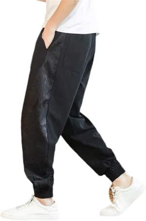 Men's Chinese Dragon Harem Pants,Japanese Street Jogging Trousers with Dragon Stitching