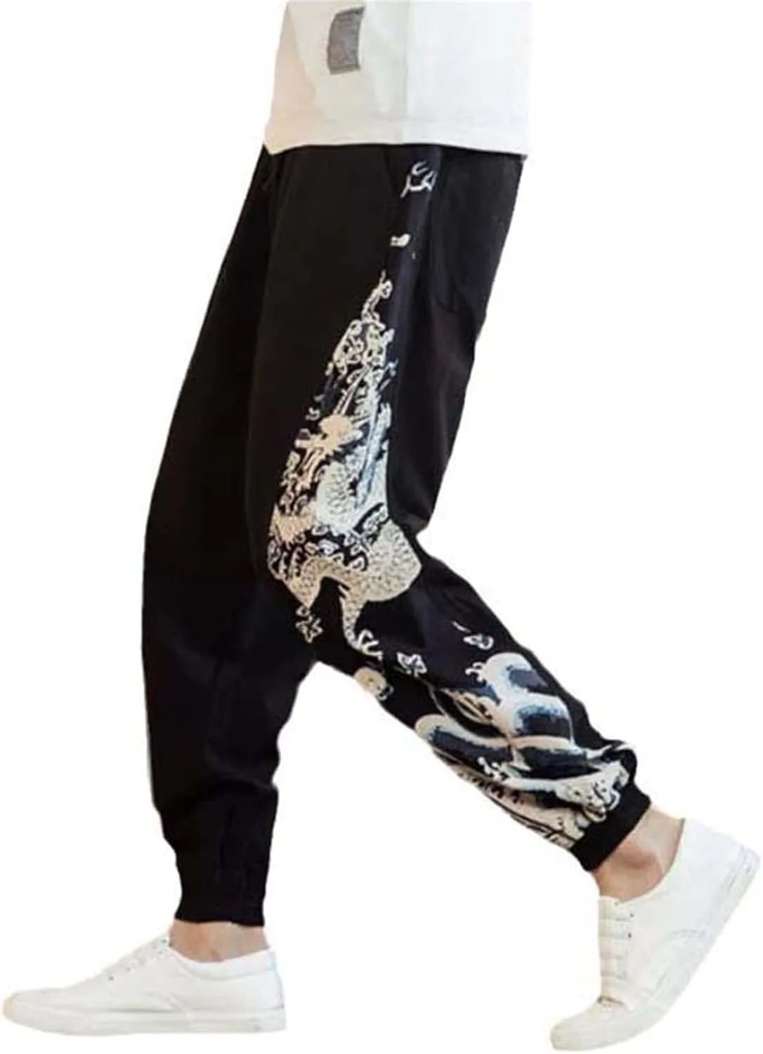 Men's Chinese Dragon Harem Pants,Japanese Street Jogging Trousers with Dragon Stitching