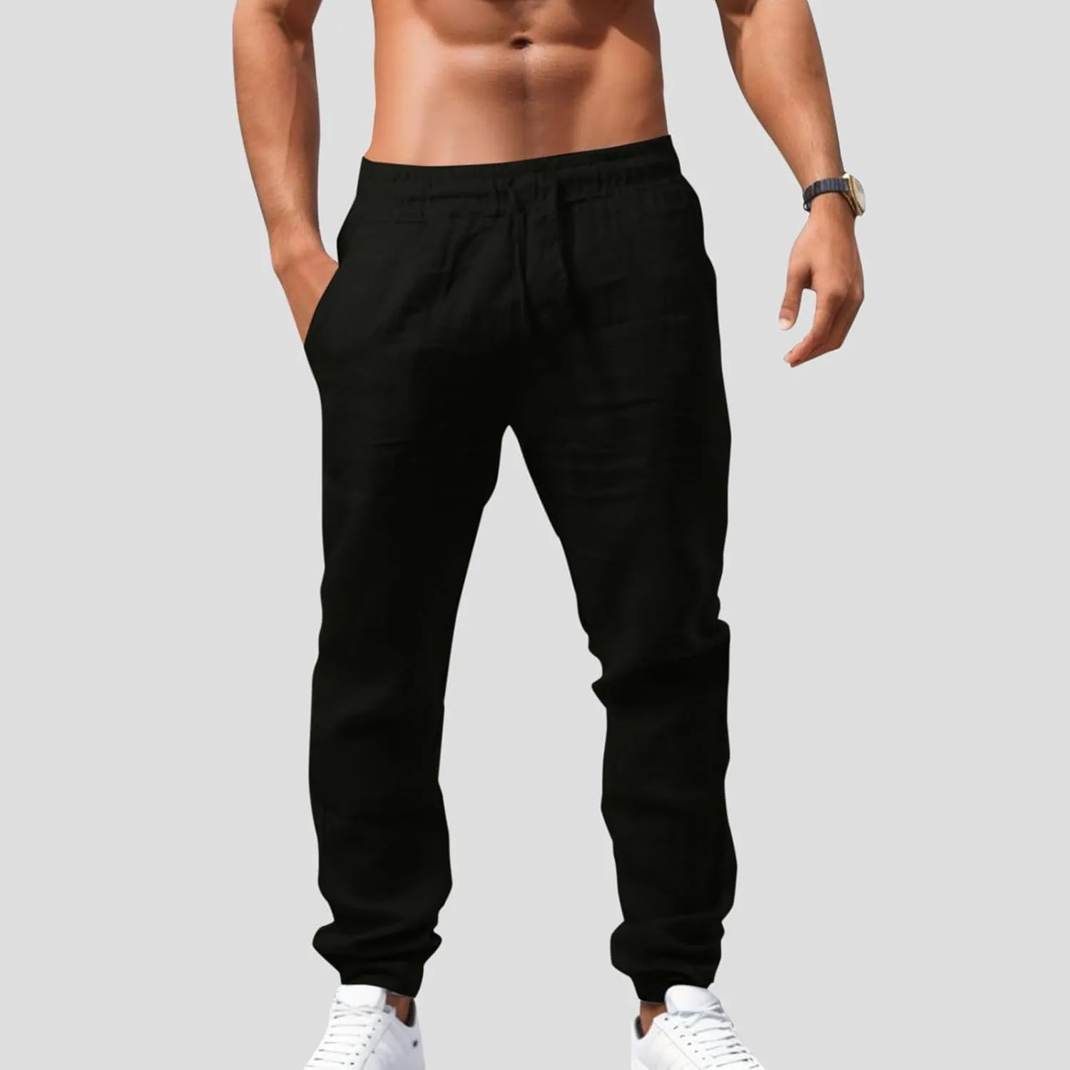 Men's Combat Cargo Pants Casual Linen Stretch Elastic Waist Pant Sweatpants Joggers Loose Training Gym Running