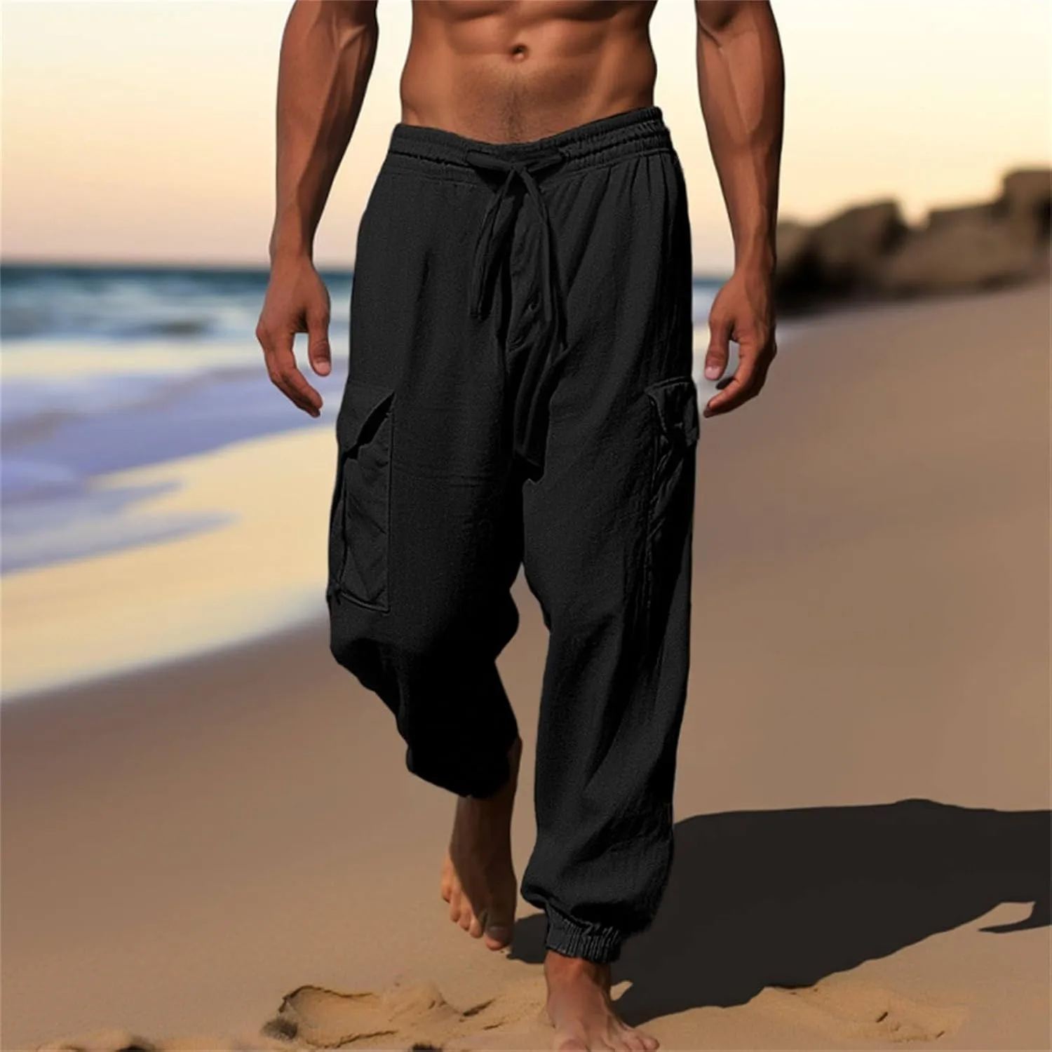 Mens Drawstring Tapered Pants Cotton and Linen Elastic Waisted Lightweight Casual Trousers Summer Quick Drying Workout Pants
