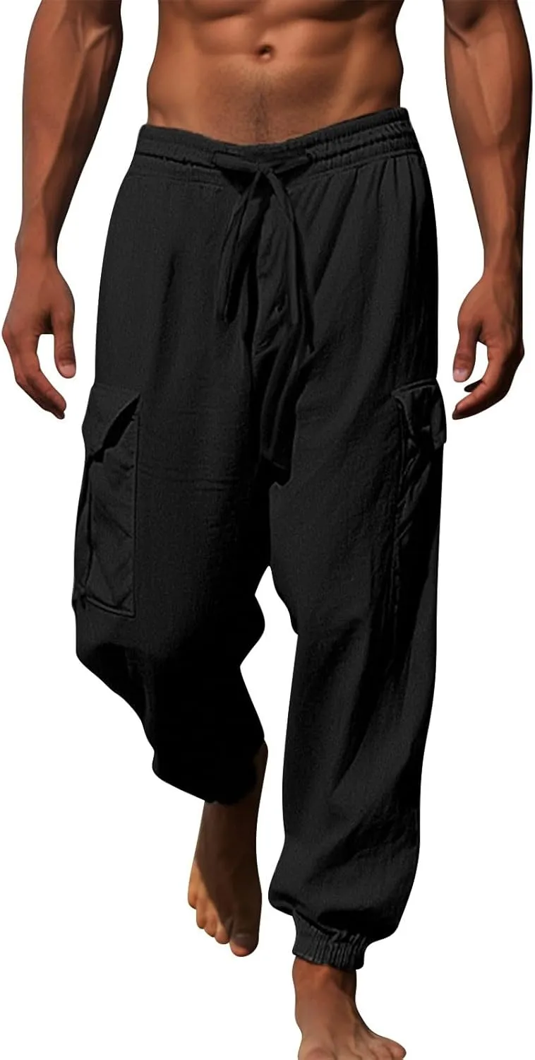 Mens Drawstring Tapered Pants Cotton and Linen Elastic Waisted Lightweight Casual Trousers Summer Quick Drying Workout Pants