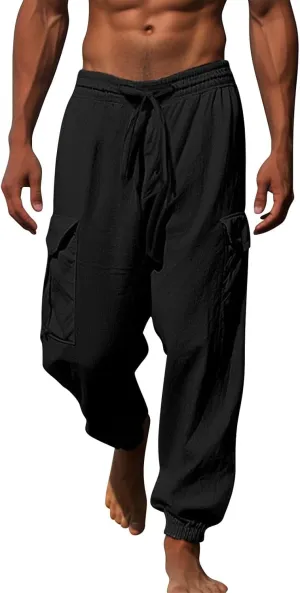 Mens Drawstring Tapered Pants Cotton and Linen Elastic Waisted Lightweight Casual Trousers Summer Quick Drying Workout Pants