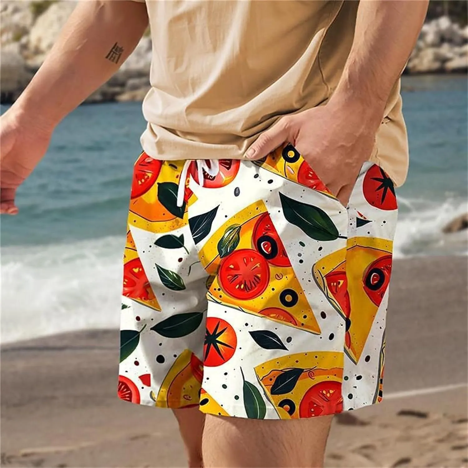 Mens Funny Beach Shorts 3D Printed Elastic Drawstring Combat Track Volleyball Capris Quick Drying Baggy Hawaiian Style Pants