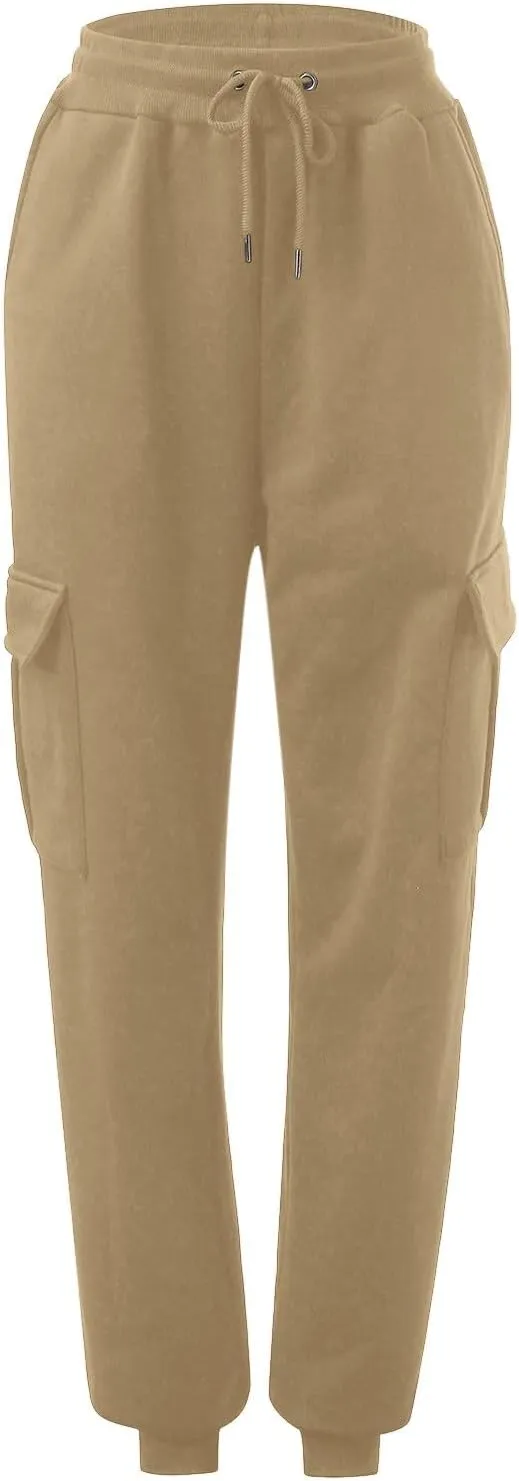 Men's Heavyweight Fleece Cargo Sweatpants Winter Drawstring Elastic Waist Joggers Baggy Cargo Pants Trousers with Pockets