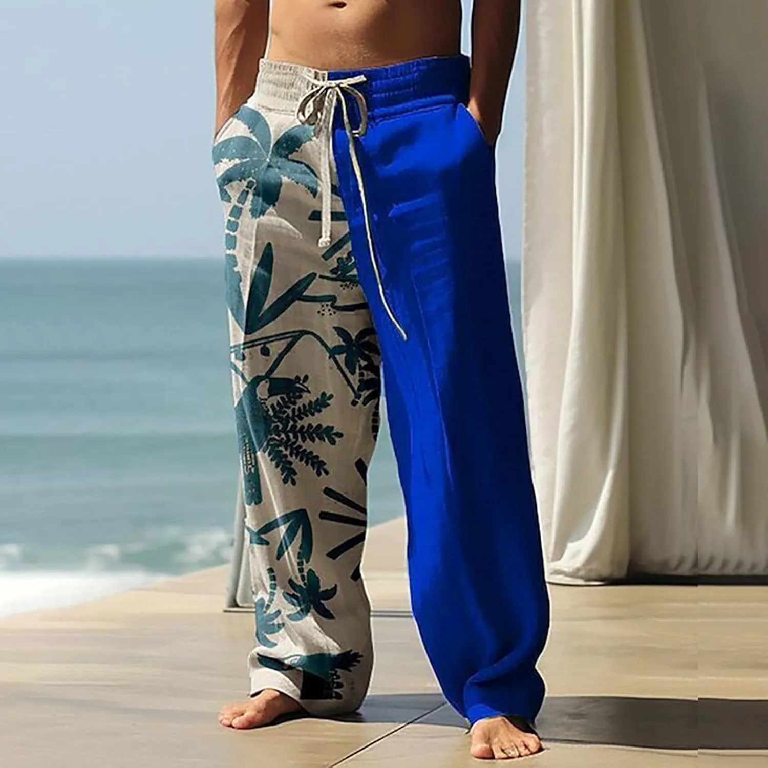 Mens Hiliday Vacation Pants Trousers Elastic Waisted Drawstring 3D Digital Print Beach Palazzo Straight Leg Baggy Casual Pant