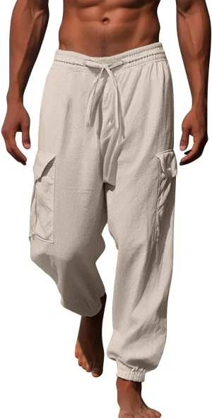 Mens Lightweight Quick Drying Flowy Casual Loose Trousers Cotton and Linen Long Pants Drawstring High Waisted Tapered Pants
