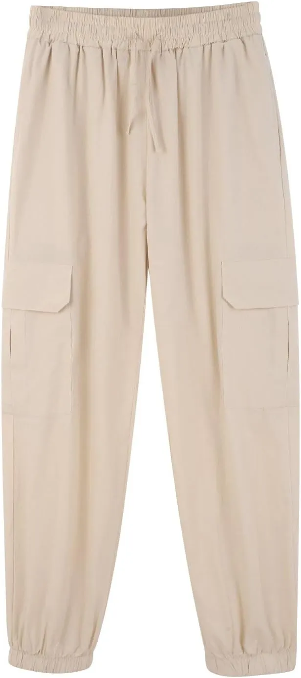Mens Lightweight Quick Drying Flowy Casual Loose Trousers Cotton and Linen Long Pants Drawstring High Waisted Tapered Pants