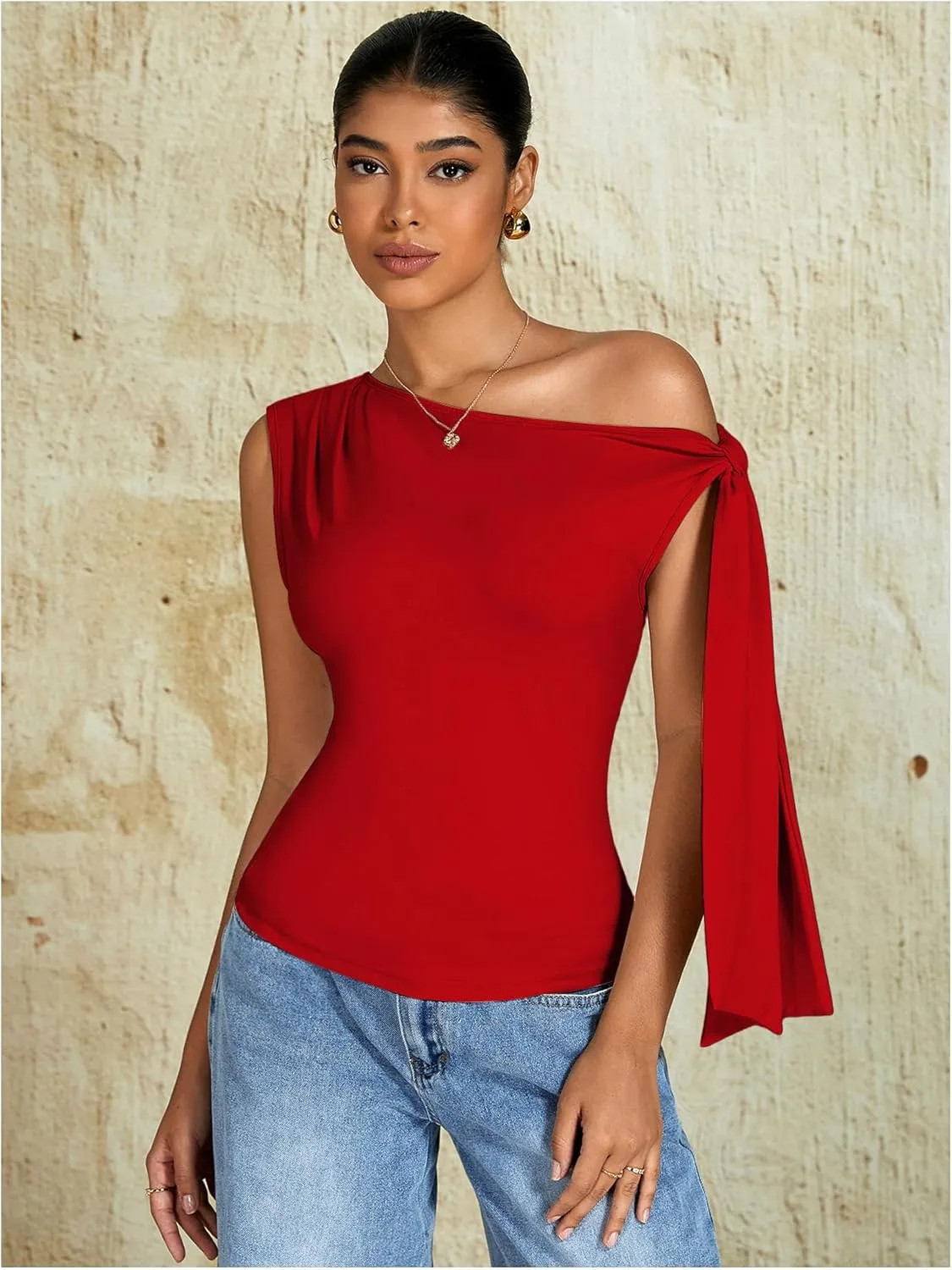 Milumia Women's Ruched Off One Shoulder Tops Y2K Asymmetrical Tie Shoulder Tank Top