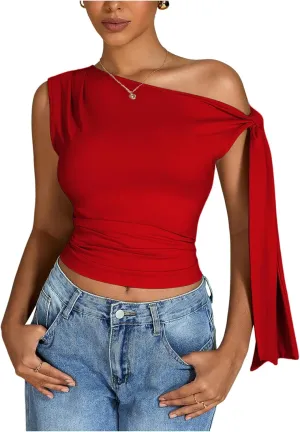 Milumia Women's Ruched Off One Shoulder Tops Y2K Asymmetrical Tie Shoulder Tank Top