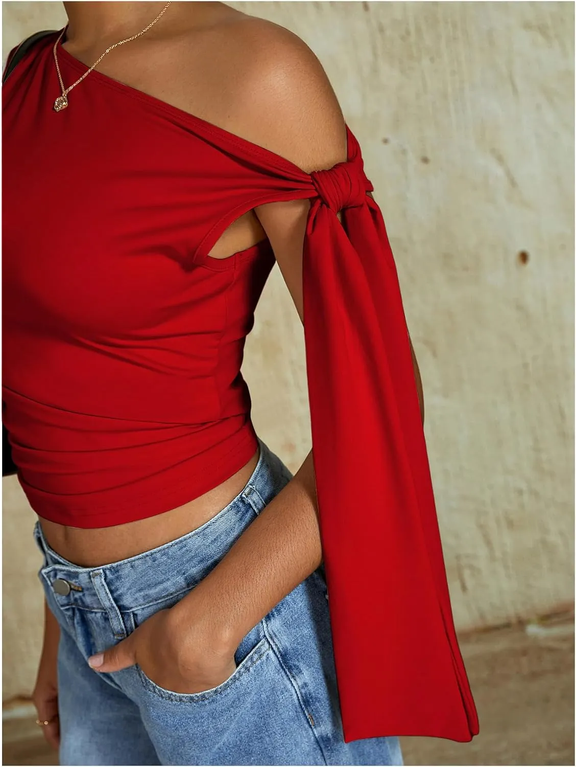 Milumia Women's Ruched Off One Shoulder Tops Y2K Asymmetrical Tie Shoulder Tank Top