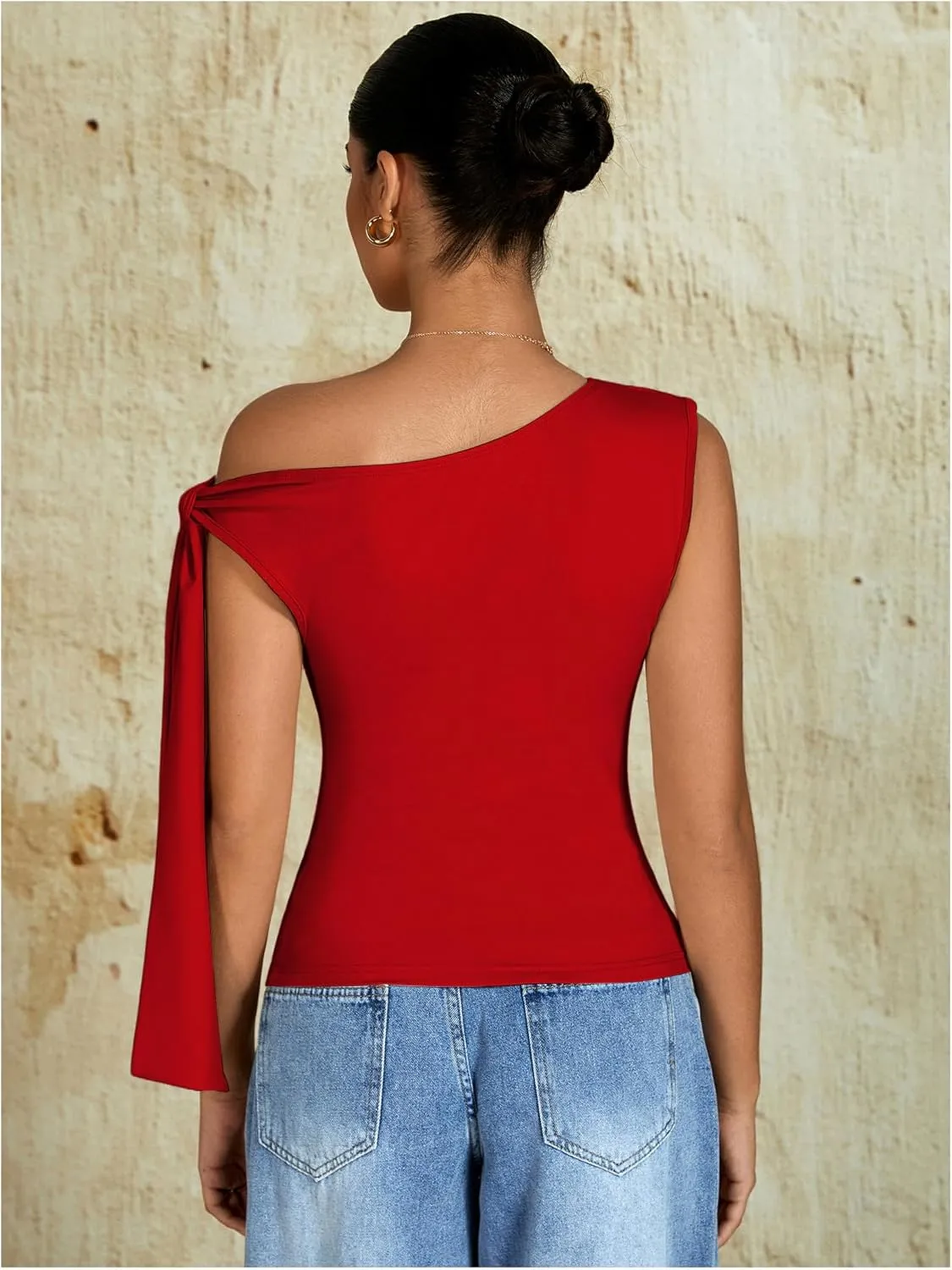 Milumia Women's Ruched Off One Shoulder Tops Y2K Asymmetrical Tie Shoulder Tank Top
