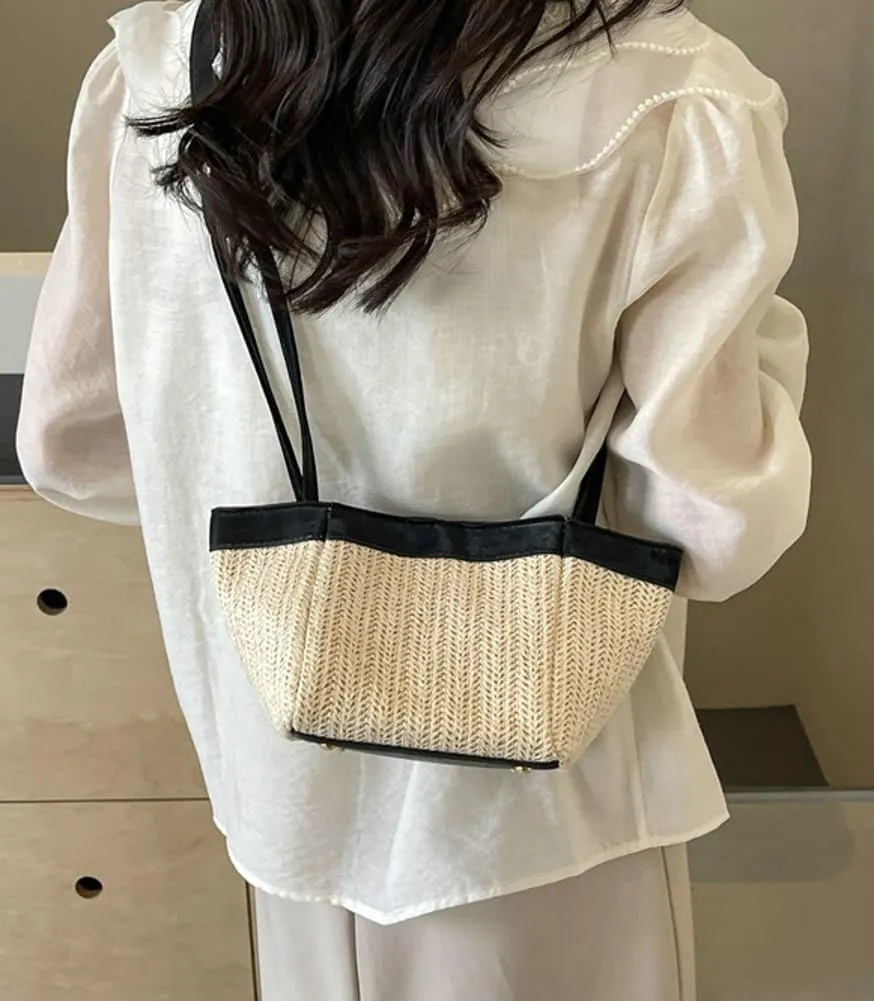 Mini Straw Bucket Bag for Women PU Strap Shoulder Handbag Summer Coss-body Bag Woven Top-Handle Purse for Shopping Travel