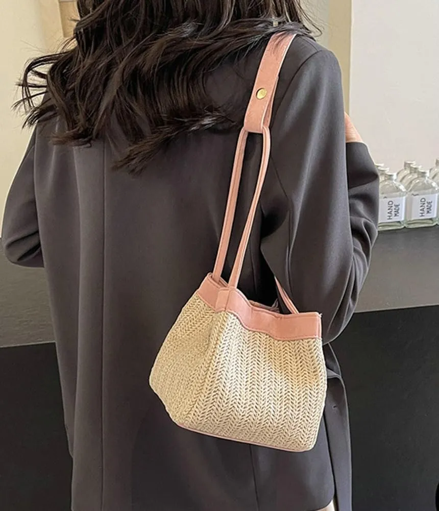 Mini Straw Bucket Bag for Women PU Strap Shoulder Handbag Summer Coss-body Bag Woven Top-Handle Purse for Shopping Travel