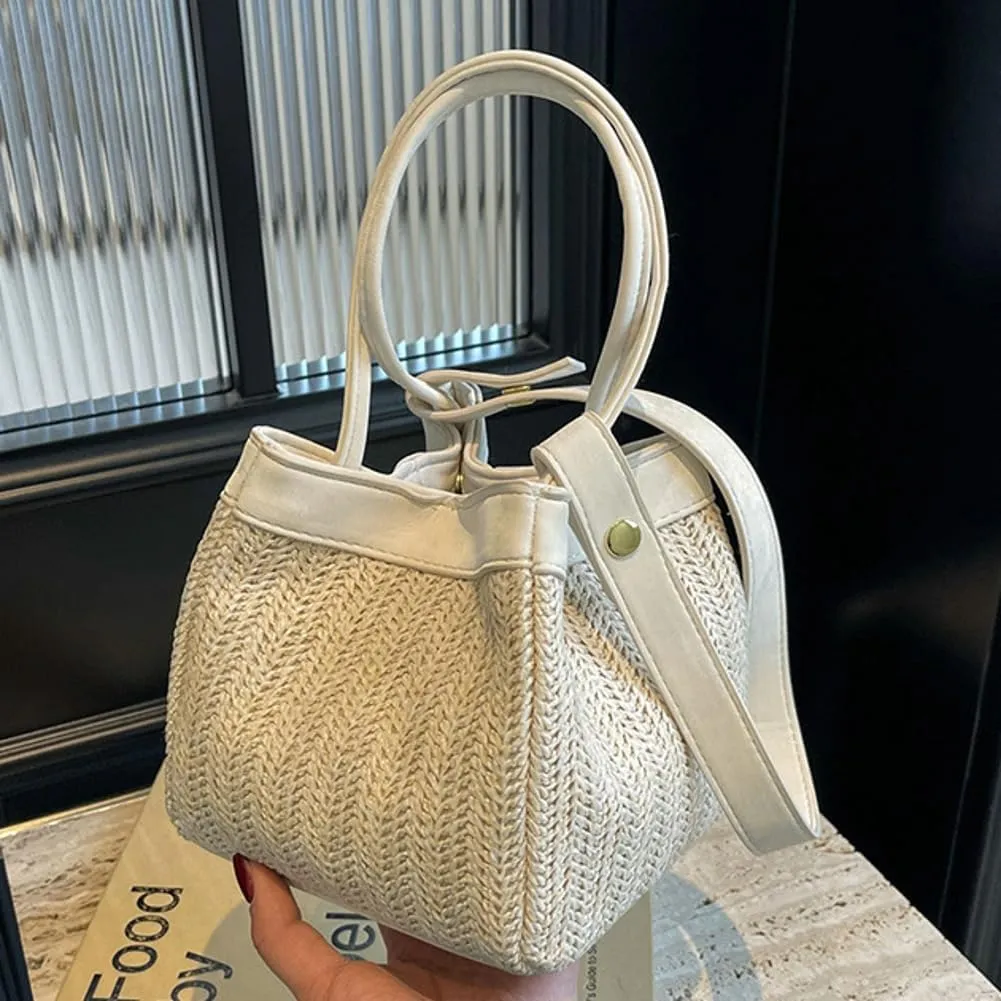 Mini Straw Bucket Bag for Women PU Strap Shoulder Handbag Summer Coss-body Bag Woven Top-Handle Purse for Shopping Travel