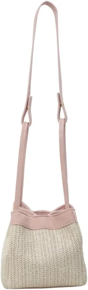 Mini Straw Bucket Bag for Women PU Strap Shoulder Handbag Summer Coss-body Bag Woven Top-Handle Purse for Shopping Travel
