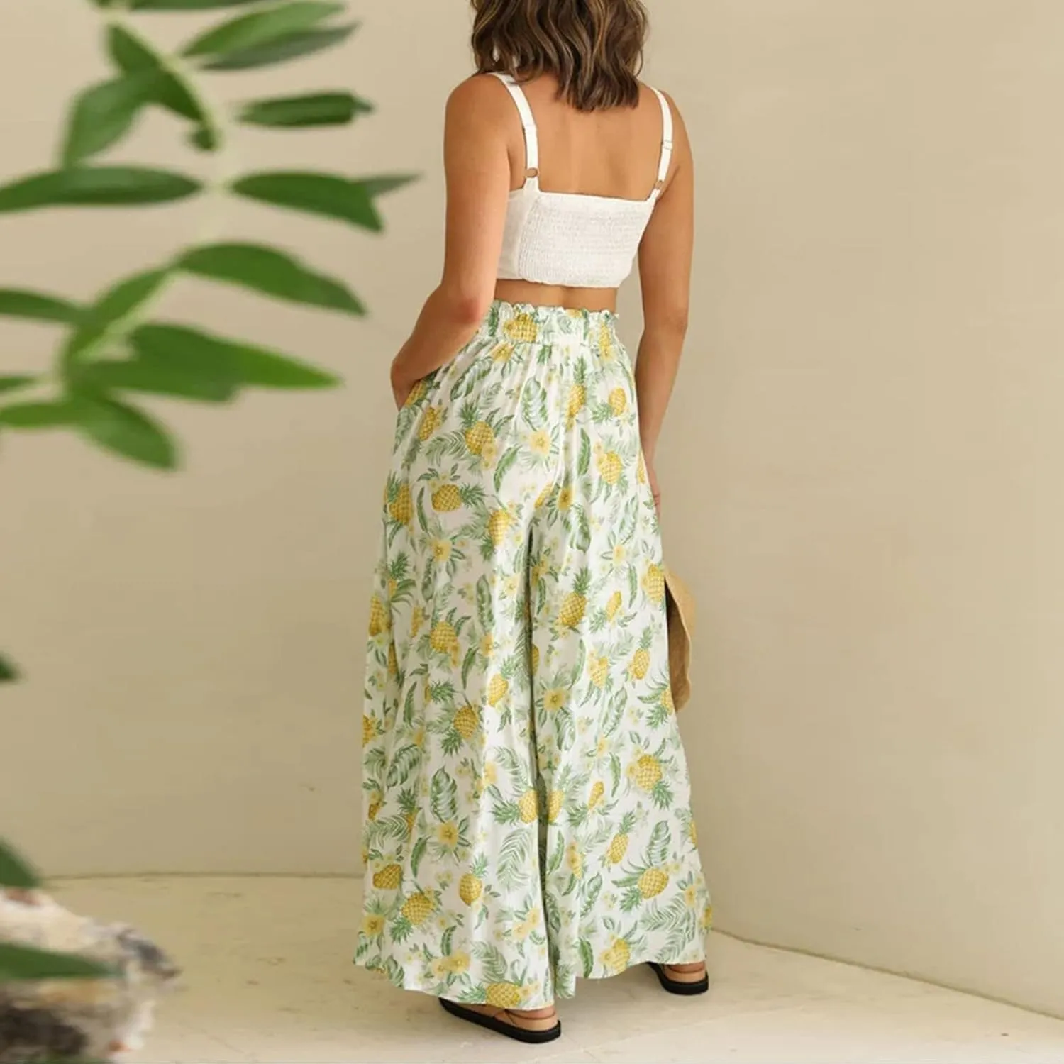 Miyaomn Womens Casual Elastic Waist Wide Leg Pants 2024 Summer Floral Solid Flowy Pockets Palazzo Pants Lounge Beach Trousers