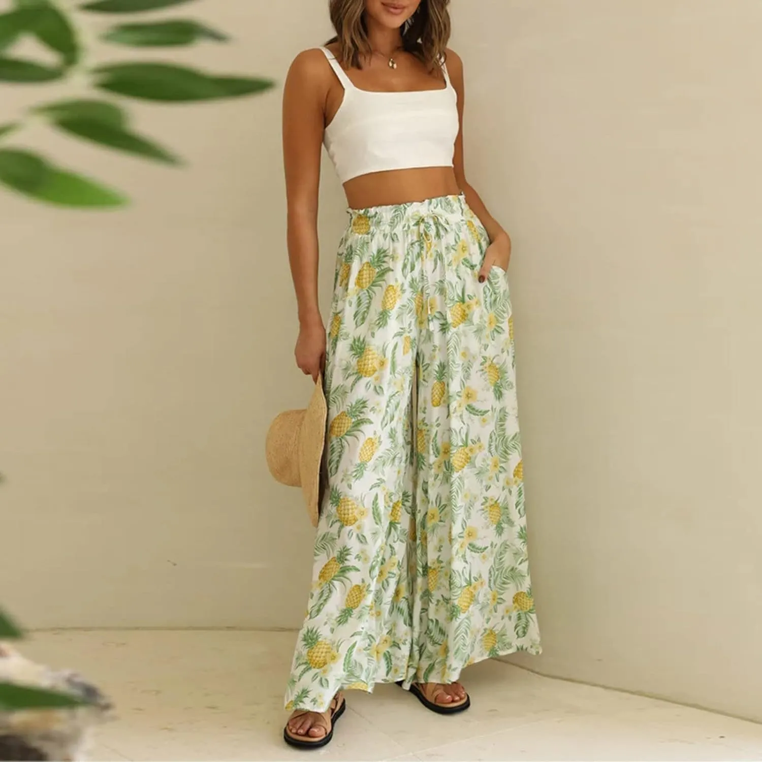Miyaomn Womens Casual Elastic Waist Wide Leg Pants 2024 Summer Floral Solid Flowy Pockets Palazzo Pants Lounge Beach Trousers