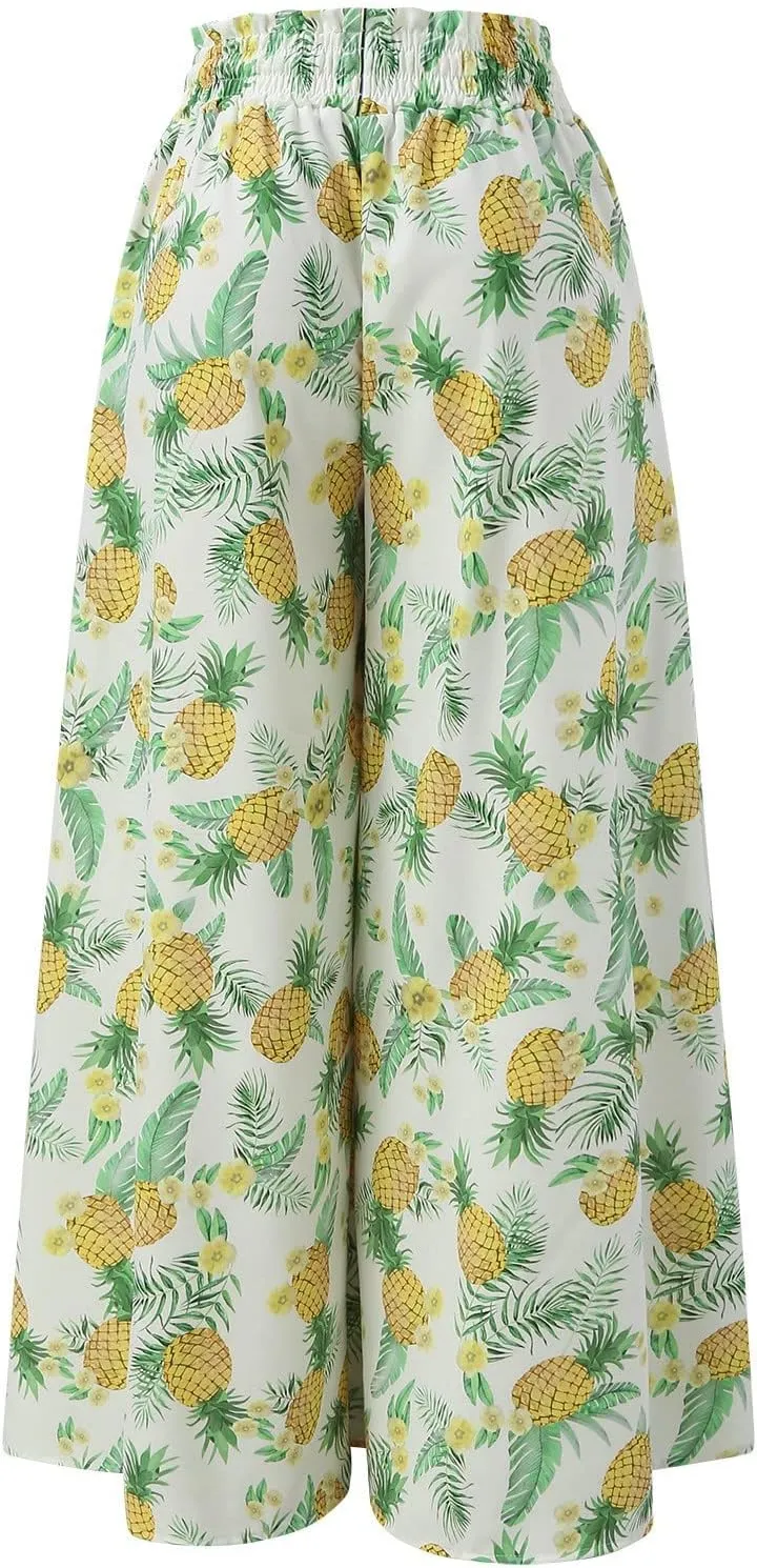 Miyaomn Womens Casual Elastic Waist Wide Leg Pants 2024 Summer Floral Solid Flowy Pockets Palazzo Pants Lounge Beach Trousers