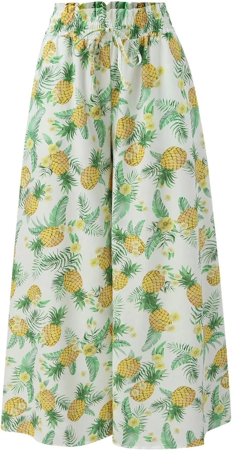 Miyaomn Womens Casual Elastic Waist Wide Leg Pants 2024 Summer Floral Solid Flowy Pockets Palazzo Pants Lounge Beach Trousers