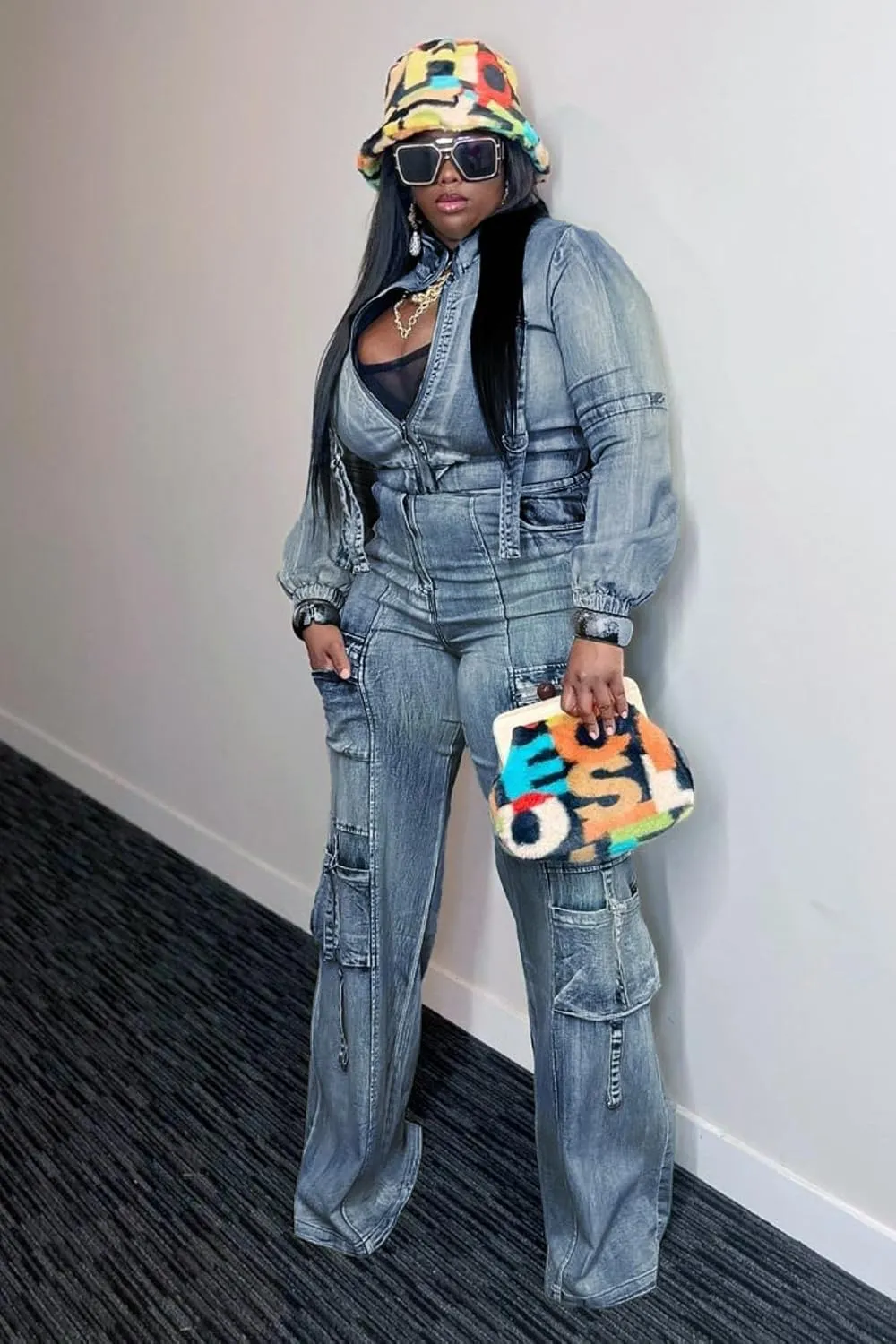Molilove Women's Two Piece Denim Outfits Long Sleeve Cropped Jean Jacket Cargo Pants with Pockets Y2K Tracksuit Set