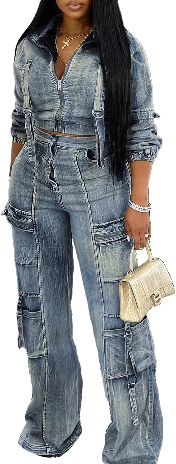 Molilove Women's Two Piece Denim Outfits Long Sleeve Cropped Jean Jacket Cargo Pants with Pockets Y2K Tracksuit Set