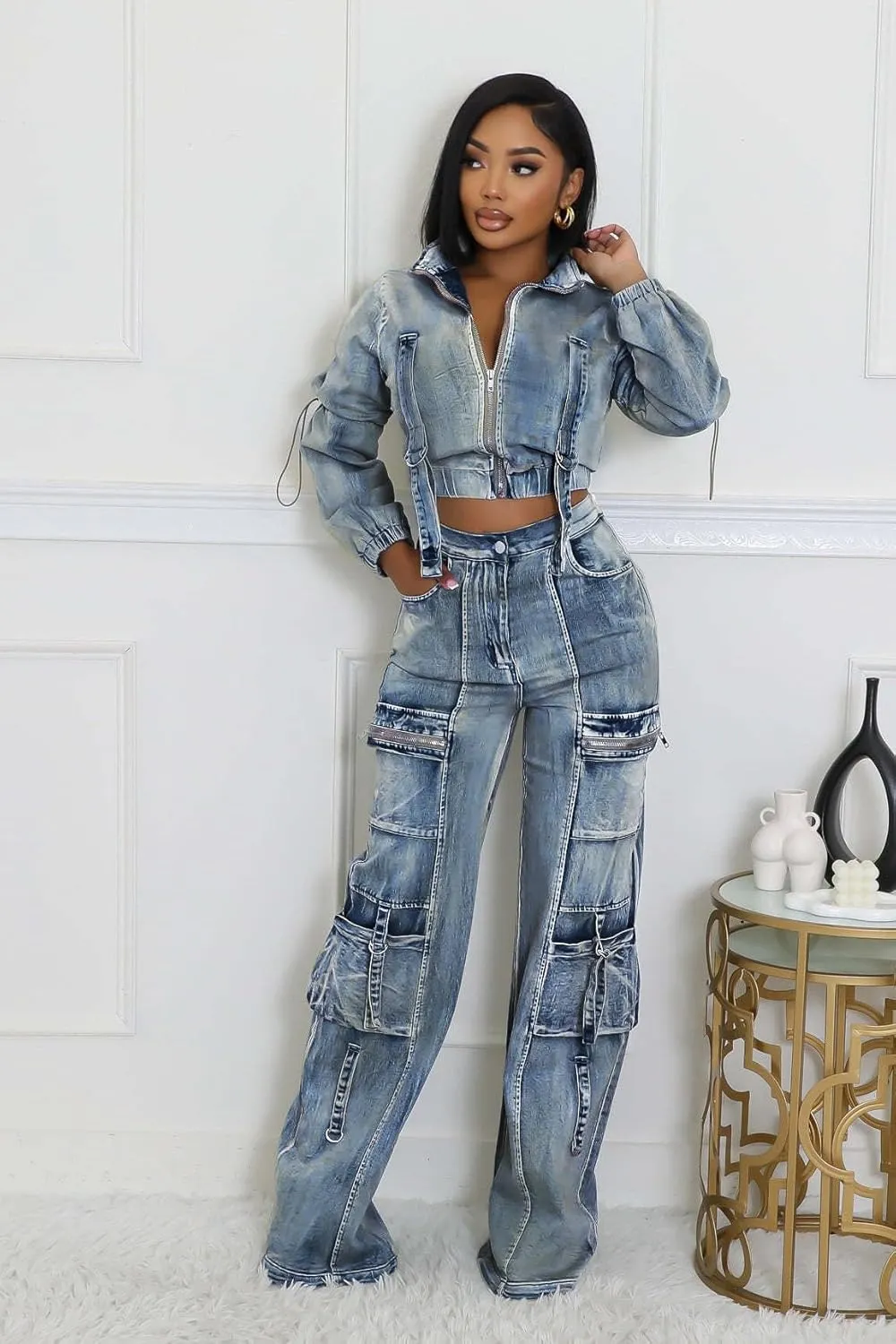 Molilove Women's Two Piece Denim Outfits Long Sleeve Cropped Jean Jacket Cargo Pants with Pockets Y2K Tracksuit Set