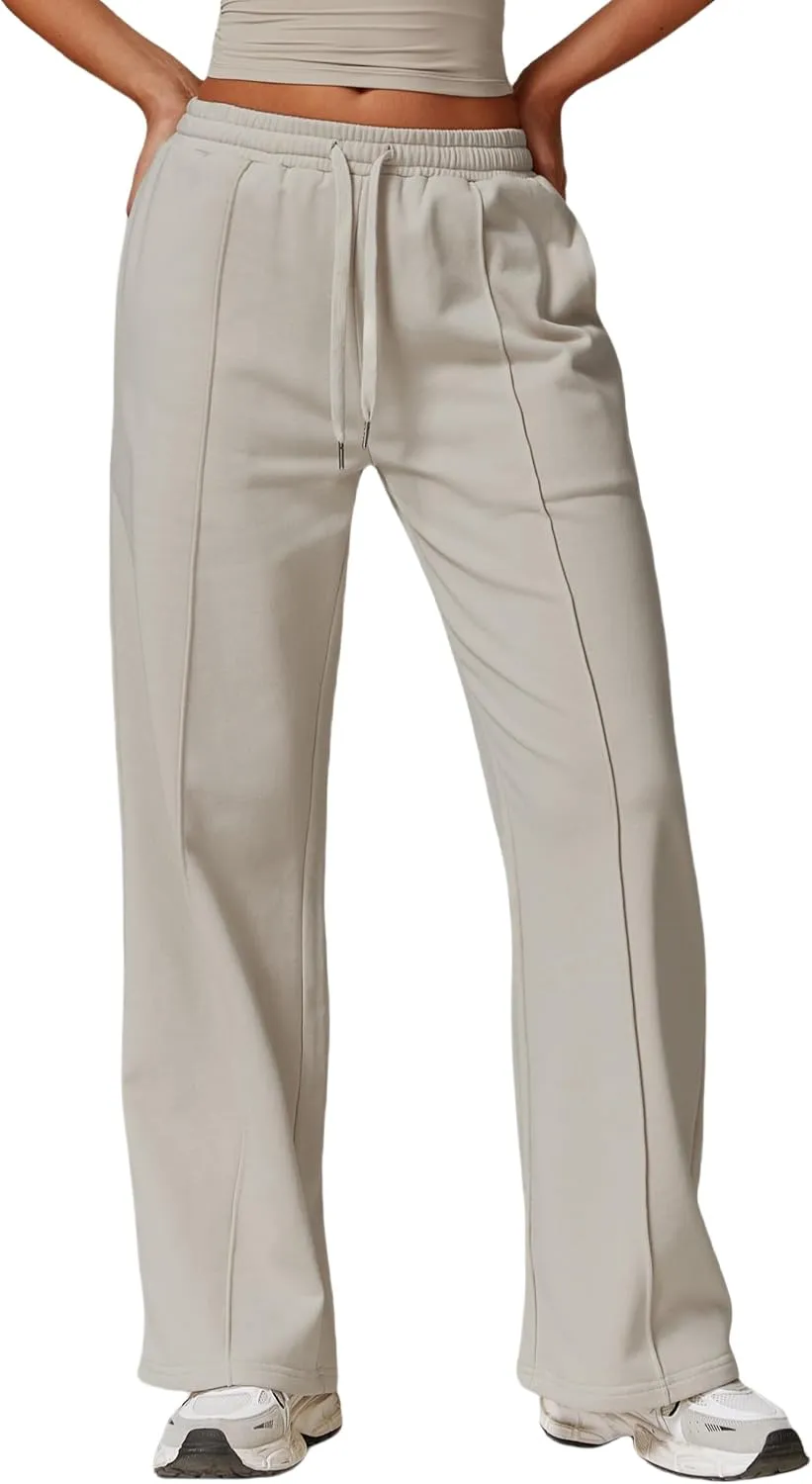 ODIZLI Women's Drawstring Straight Leg Sweatpants with Pockets Wide Leg Jogger Active Pants Lounge Trousers High Waist