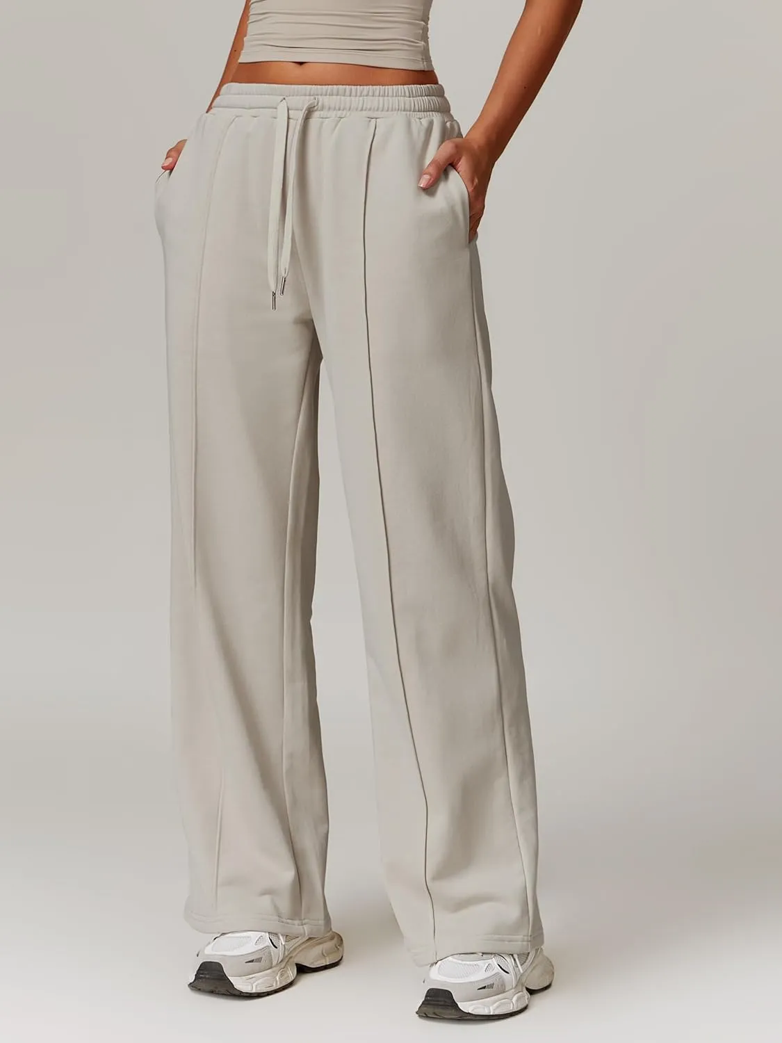 ODIZLI Women's Drawstring Straight Leg Sweatpants with Pockets Wide Leg Jogger Active Pants Lounge Trousers High Waist