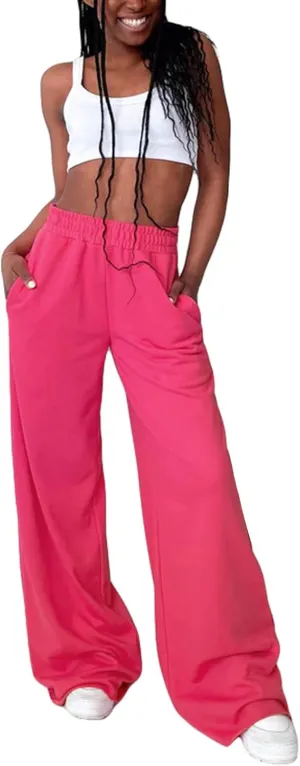 Owl's-Yard Women Wide-Leg Pants Elastic High Waist Loose Trousers Teen Girls Baggy Straight Leg Sweatpants Fall Bottom
