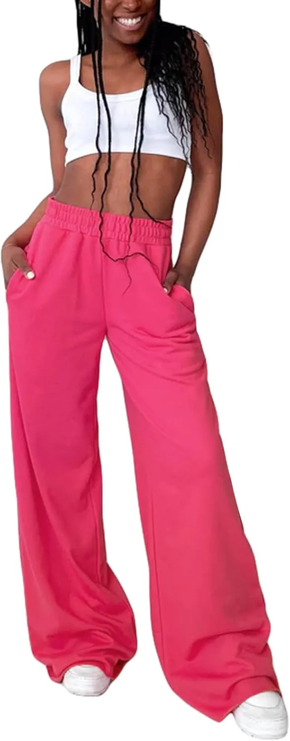 Owl's-Yard Women Wide-Leg Pants Elastic High Waist Loose Trousers Teen Girls Baggy Straight Leg Sweatpants Fall Bottom