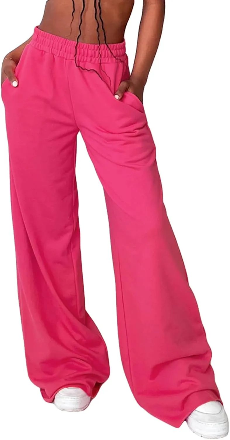 Owl's-Yard Women Wide-Leg Pants Elastic High Waist Loose Trousers Teen Girls Baggy Straight Leg Sweatpants Fall Bottom