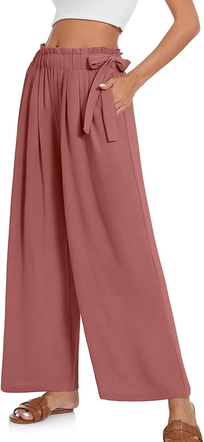 Palazzo Pants for Women Wide Leg Trousers Lightweight Linen Blend Casual Summer Beachwear High Waist Elastic Design