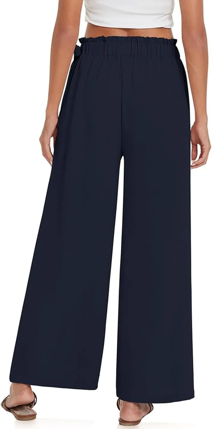 Palazzo Pants for Women Wide Leg Trousers Lightweight Linen Blend Casual Summer Beachwear High Waist Elastic Design