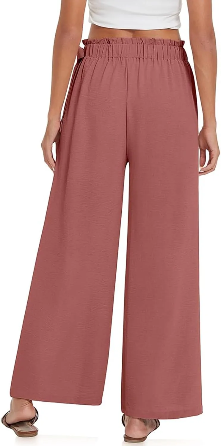 Palazzo Pants for Women Wide Leg Trousers Lightweight Linen Blend Casual Summer Beachwear High Waist Elastic Design