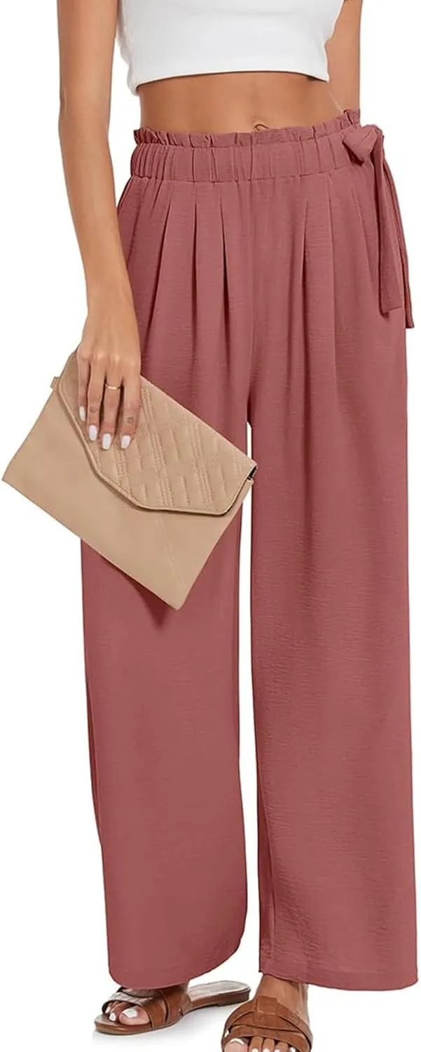 Palazzo Pants for Women Wide Leg Trousers Lightweight Linen Blend Casual Summer Beachwear High Waist Elastic Design