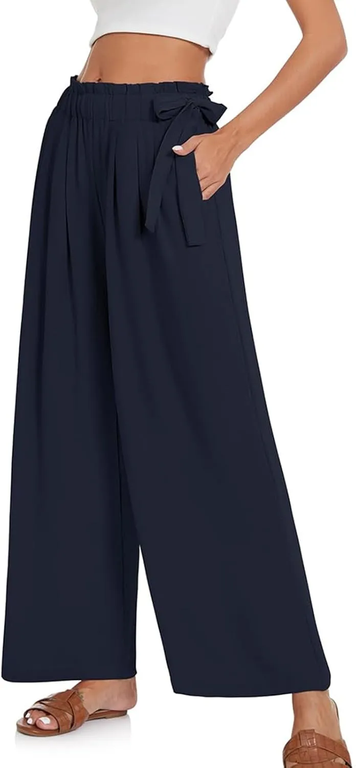 Palazzo Pants for Women Wide Leg Trousers Lightweight Linen Blend Casual Summer Beachwear High Waist Elastic Design