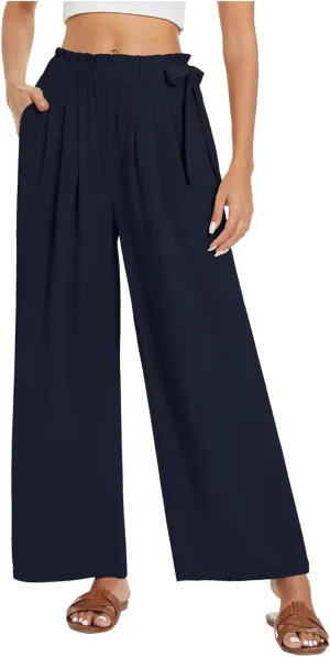 Palazzo Pants for Women Wide Leg Trousers Lightweight Linen Blend Casual Summer Beachwear High Waist Elastic Design