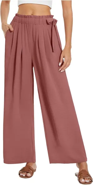 Palazzo Pants for Women Wide Leg Trousers Lightweight Linen Blend Casual Summer Beachwear High Waist Elastic Design