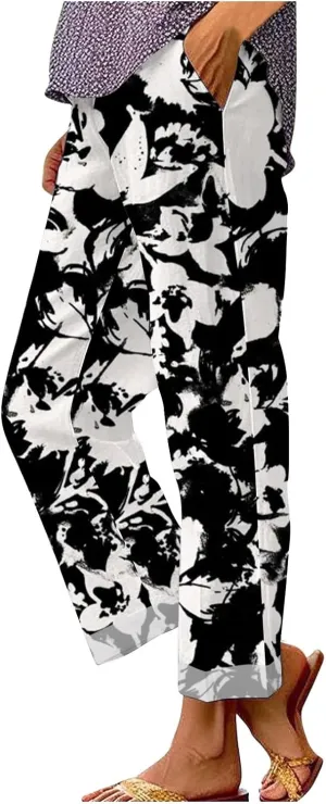 Palazzo Pants Women High Waist Wide Leg Printed Linen Pants Plus Size Summer Beach Trousers Flowy Comfy Lounge Pants