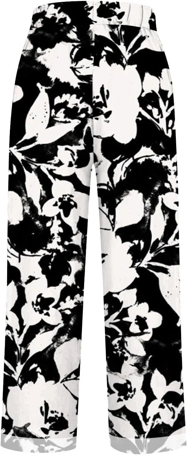 Palazzo Pants Women High Waist Wide Leg Printed Linen Pants Plus Size Summer Beach Trousers Flowy Comfy Lounge Pants