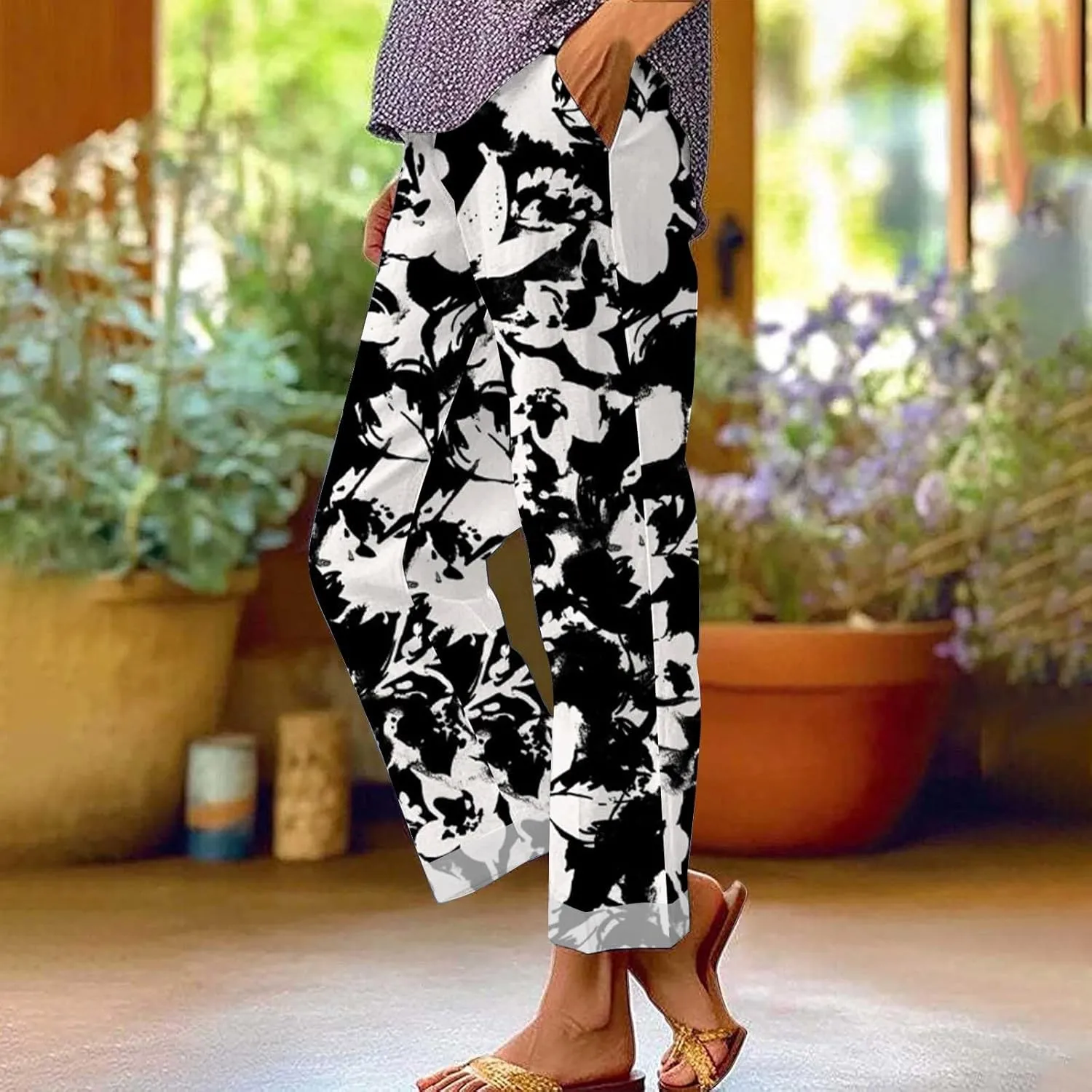 Palazzo Pants Women High Waist Wide Leg Printed Linen Pants Plus Size Summer Beach Trousers Flowy Comfy Lounge Pants