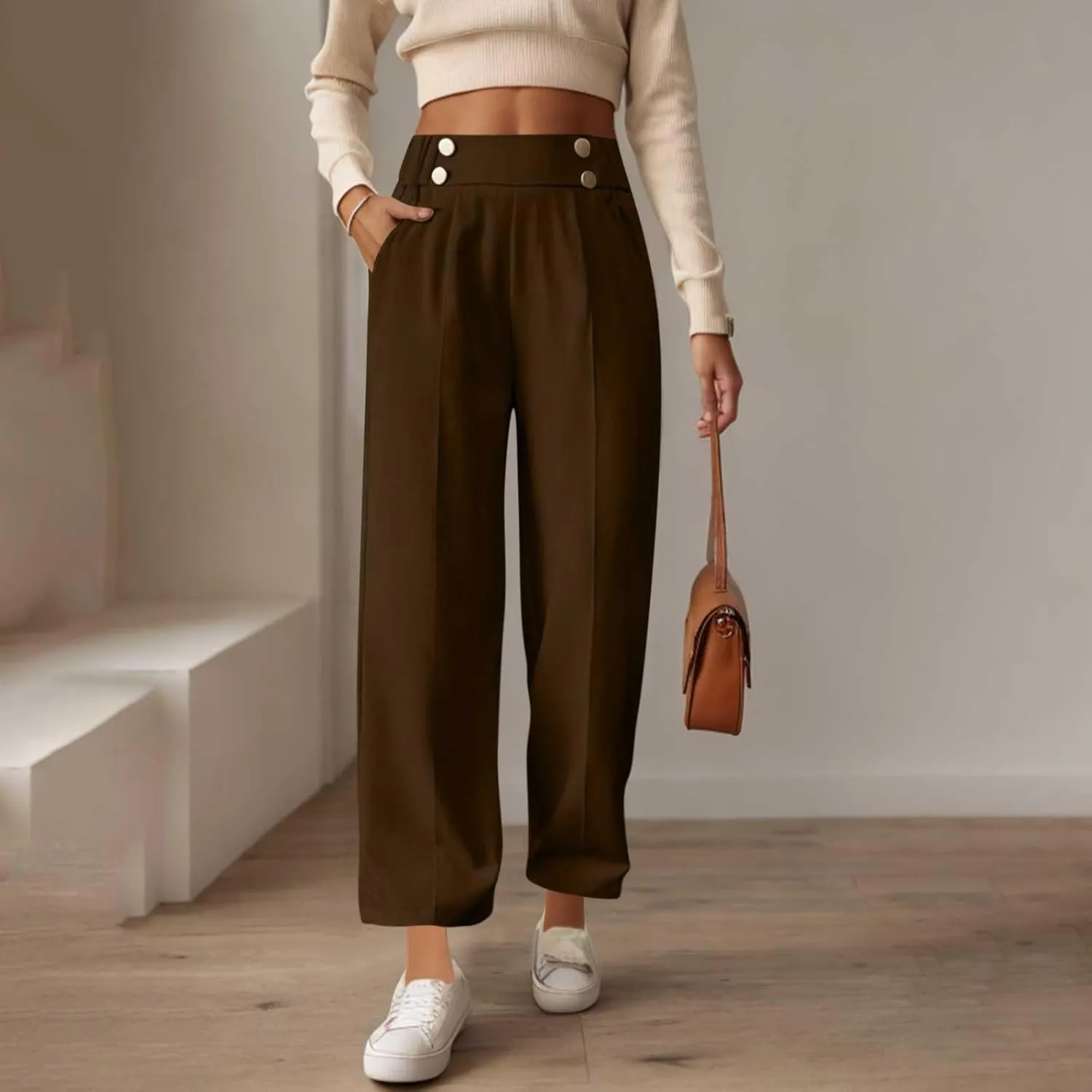 Plus Size Womens Palazzo Pants Wide Leg High Waist Elastic Button Pleated Business Work Lounge Trousers with Pockets