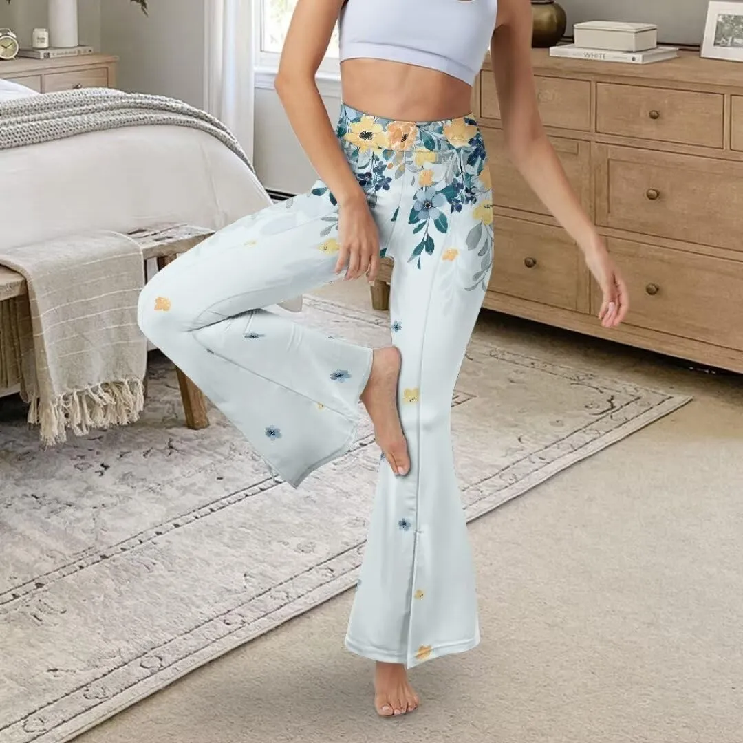 Retro Floral Women's High Waisted Slit Flared Leggings Tummy Control Yoga Pants Bell Bottom Trousers Plus Size Pants