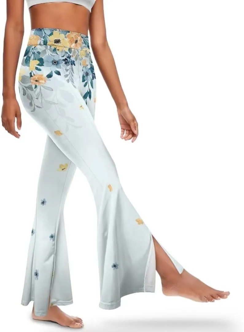 Retro Floral Women's High Waisted Slit Flared Leggings Tummy Control Yoga Pants Bell Bottom Trousers Plus Size Pants