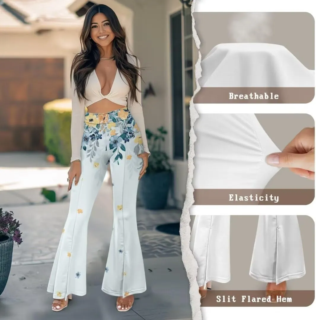 Retro Floral Women's High Waisted Slit Flared Leggings Tummy Control Yoga Pants Bell Bottom Trousers Plus Size Pants