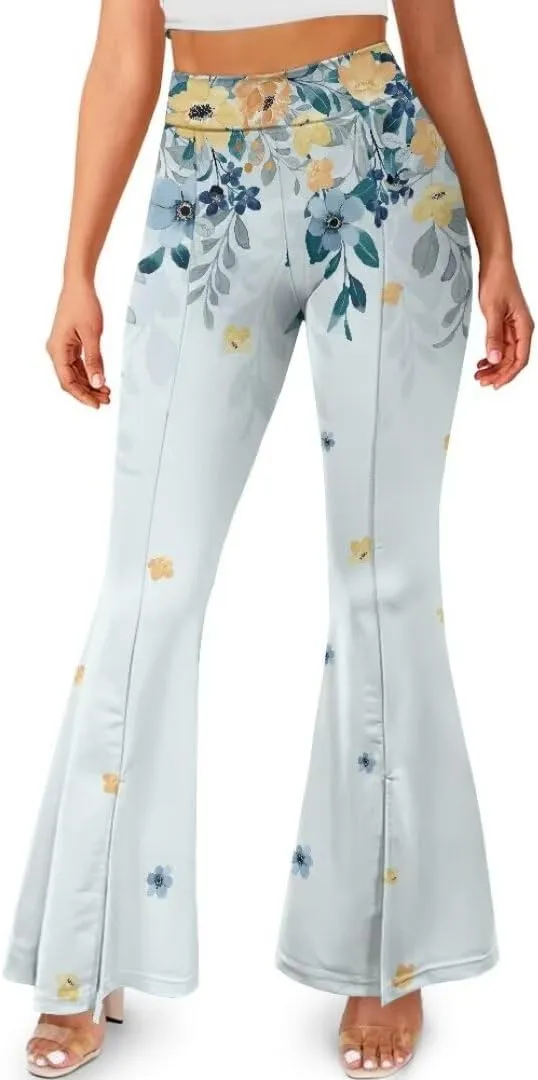 Retro Floral Women's High Waisted Slit Flared Leggings Tummy Control Yoga Pants Bell Bottom Trousers Plus Size Pants