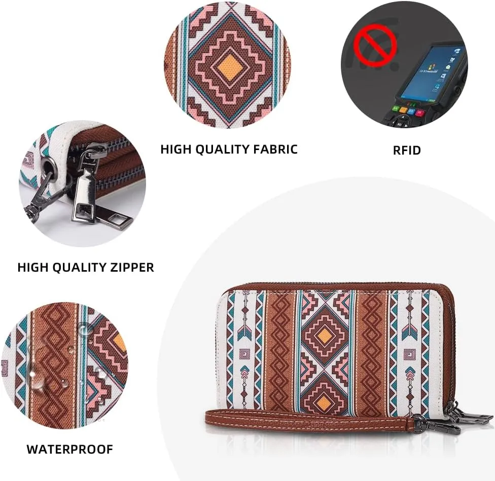 RFID Blocking Bohemian Wallet for Women Retro Double Zipper Wristlet, Coin Purse And Card Holder (Beige)